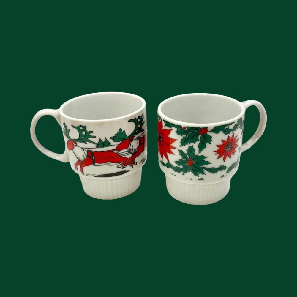 Vintage Poinsettia Stackable Mugs, Christmas Decor, Made in Japan, Set of 2
